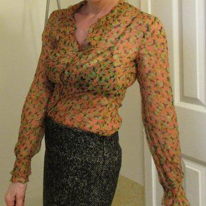 Adrienne Vittadini Silk Burnt Orange n Black Flowered See Through Blouse, size 4